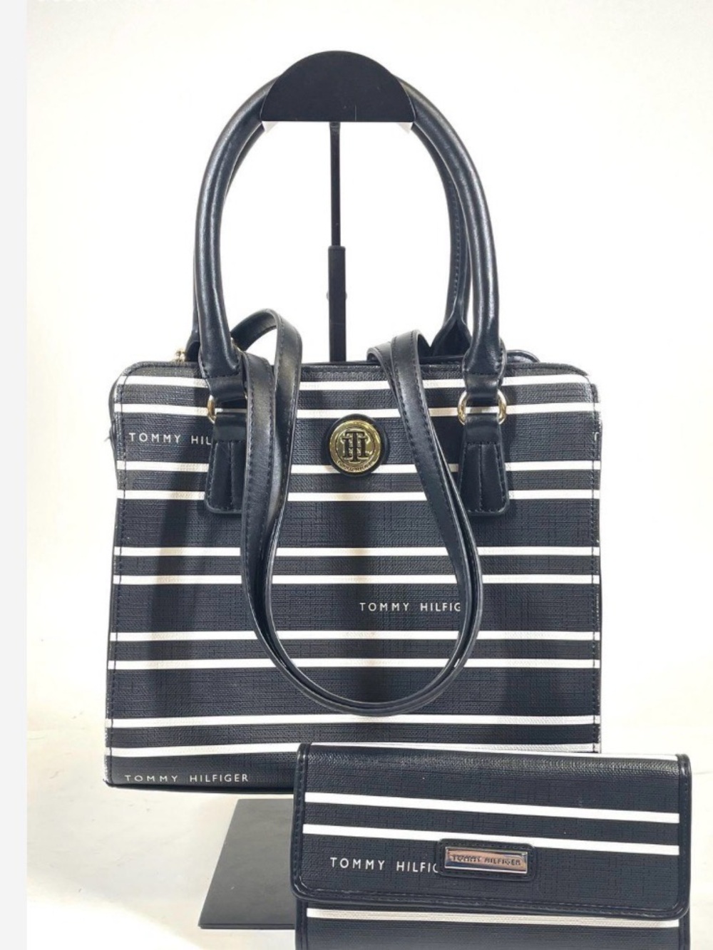 Tommy Hilfiger Black and White Striped Satchel with Wallet